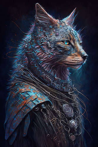 a cat in armor with blue eyes