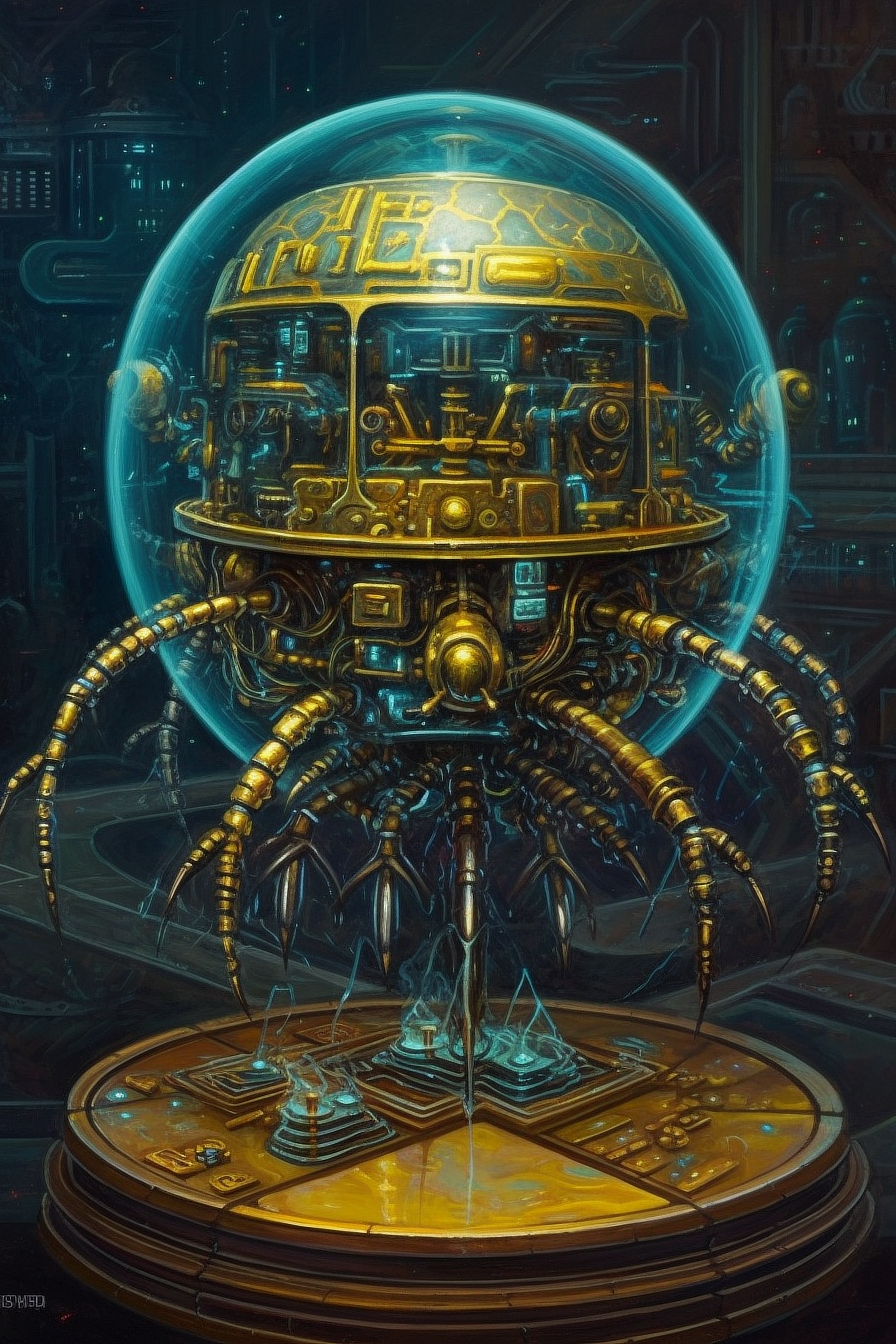 a robot with many legs and a round object