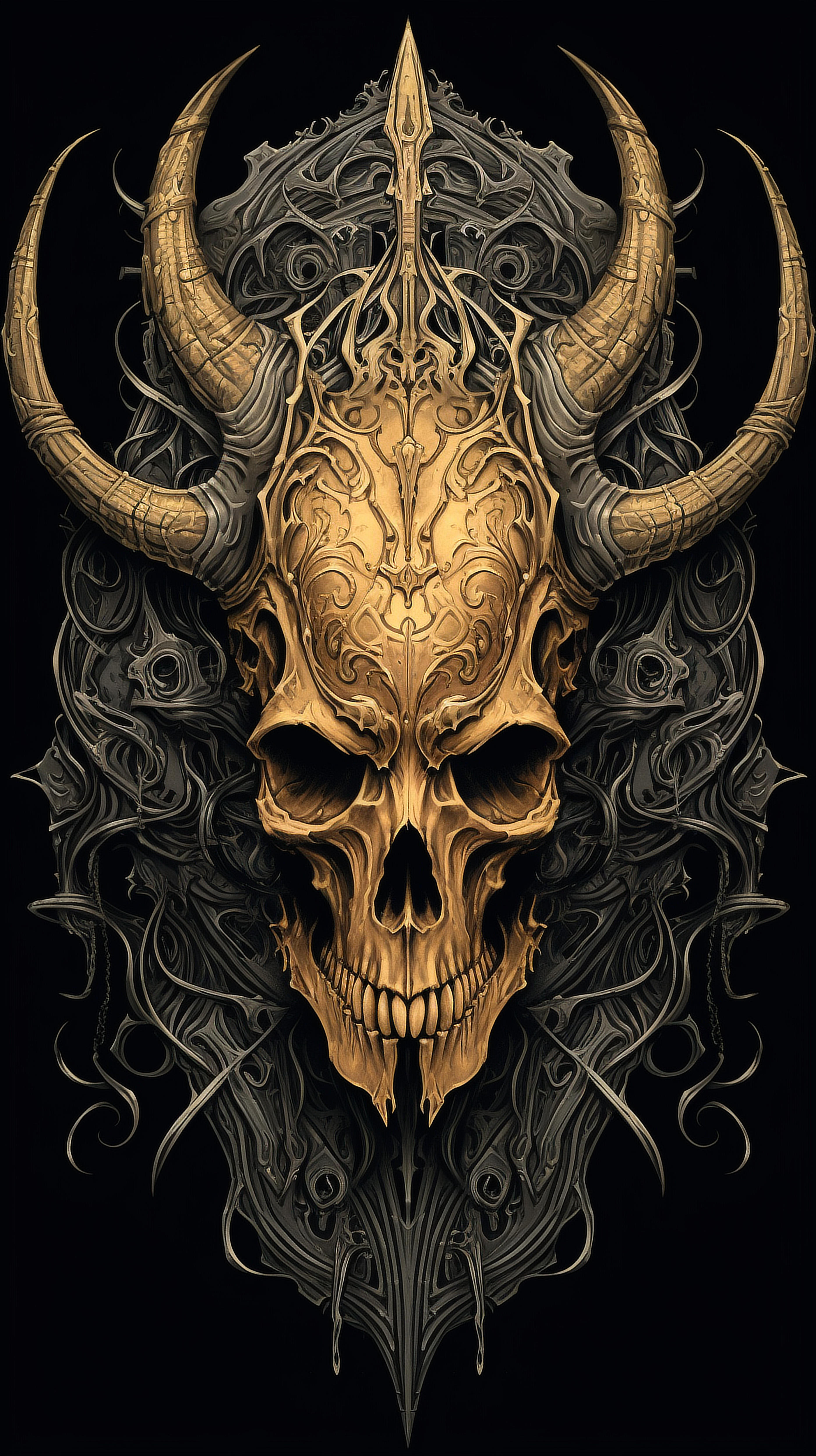 a skull with horns and swirls