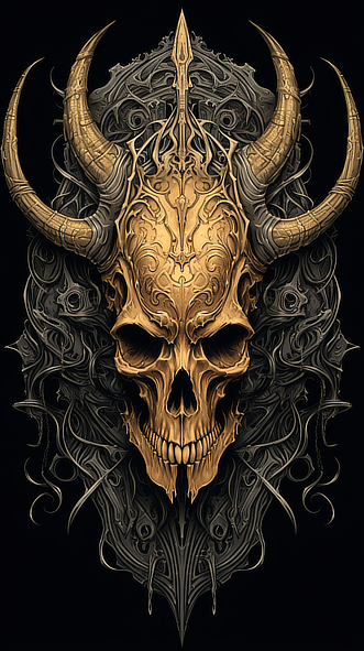 a skull with horns and swirls