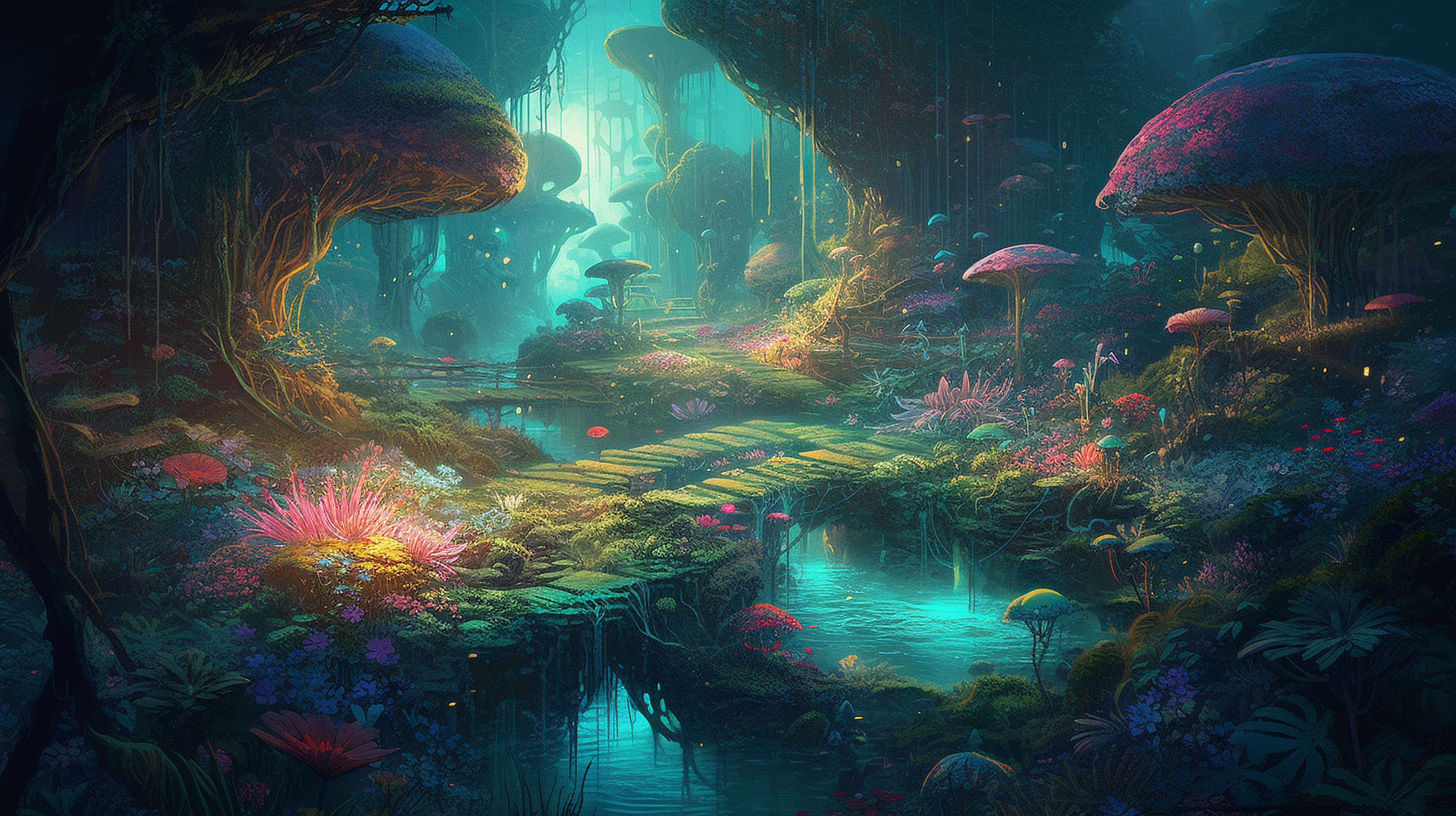 a colorful forest with a river and trees