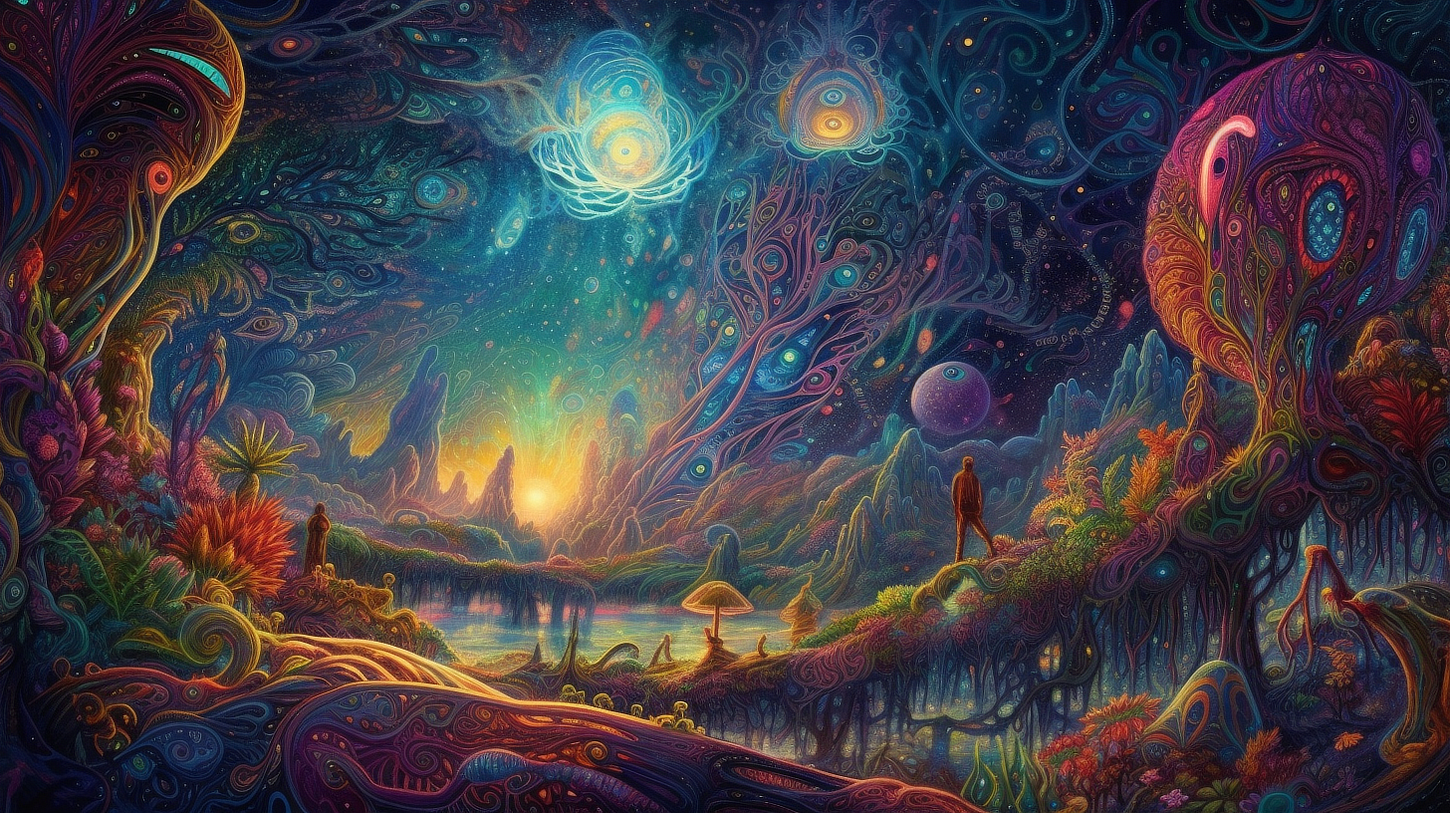 a colorful landscape with a man walking on a path