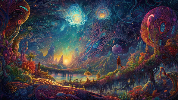 a colorful landscape with a man walking on a path