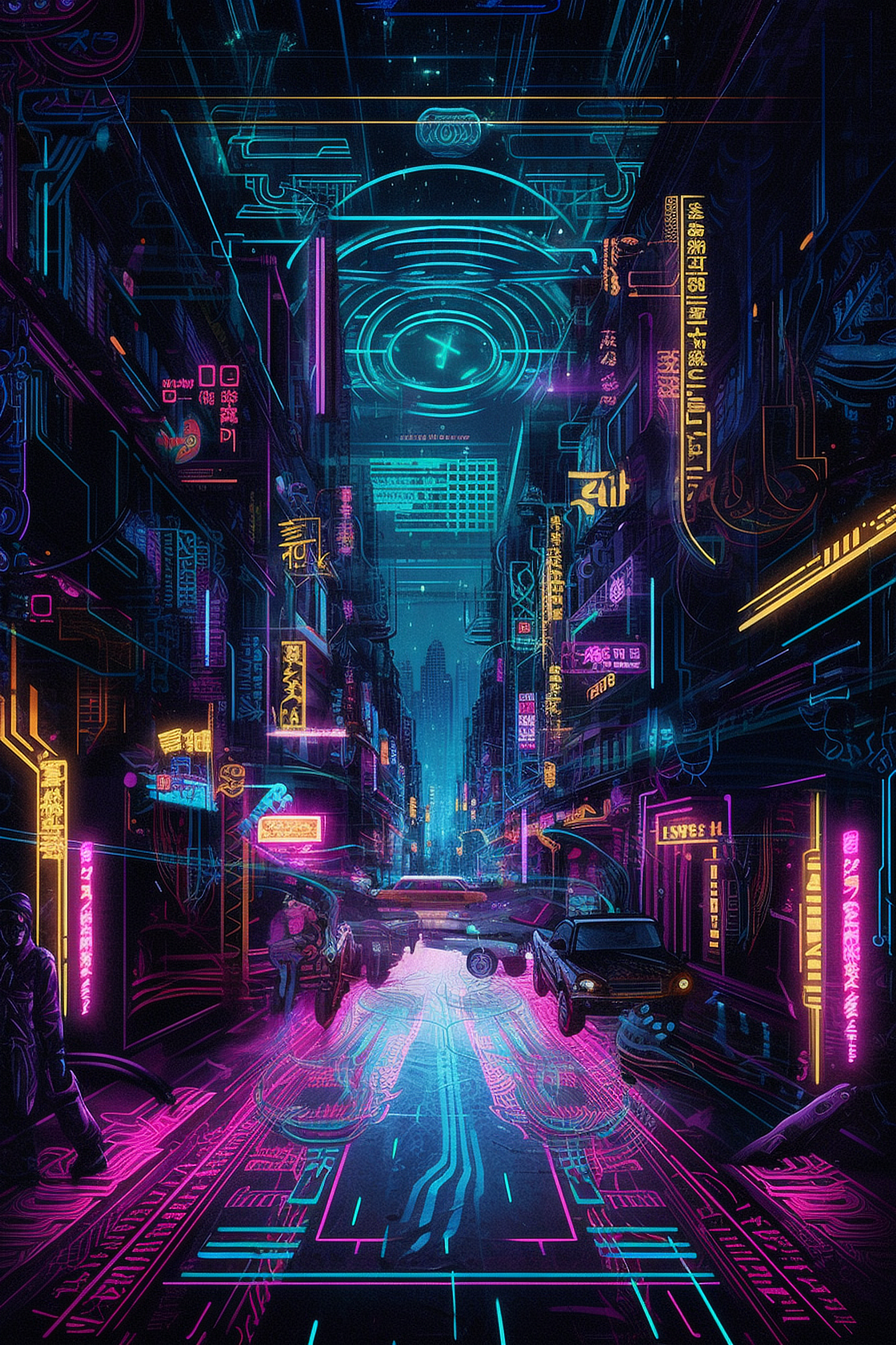 a street with neon lights and cars