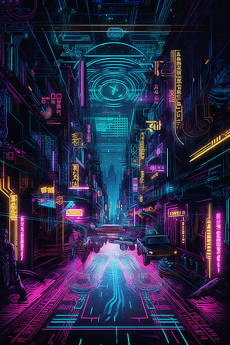 a street with neon lights and cars