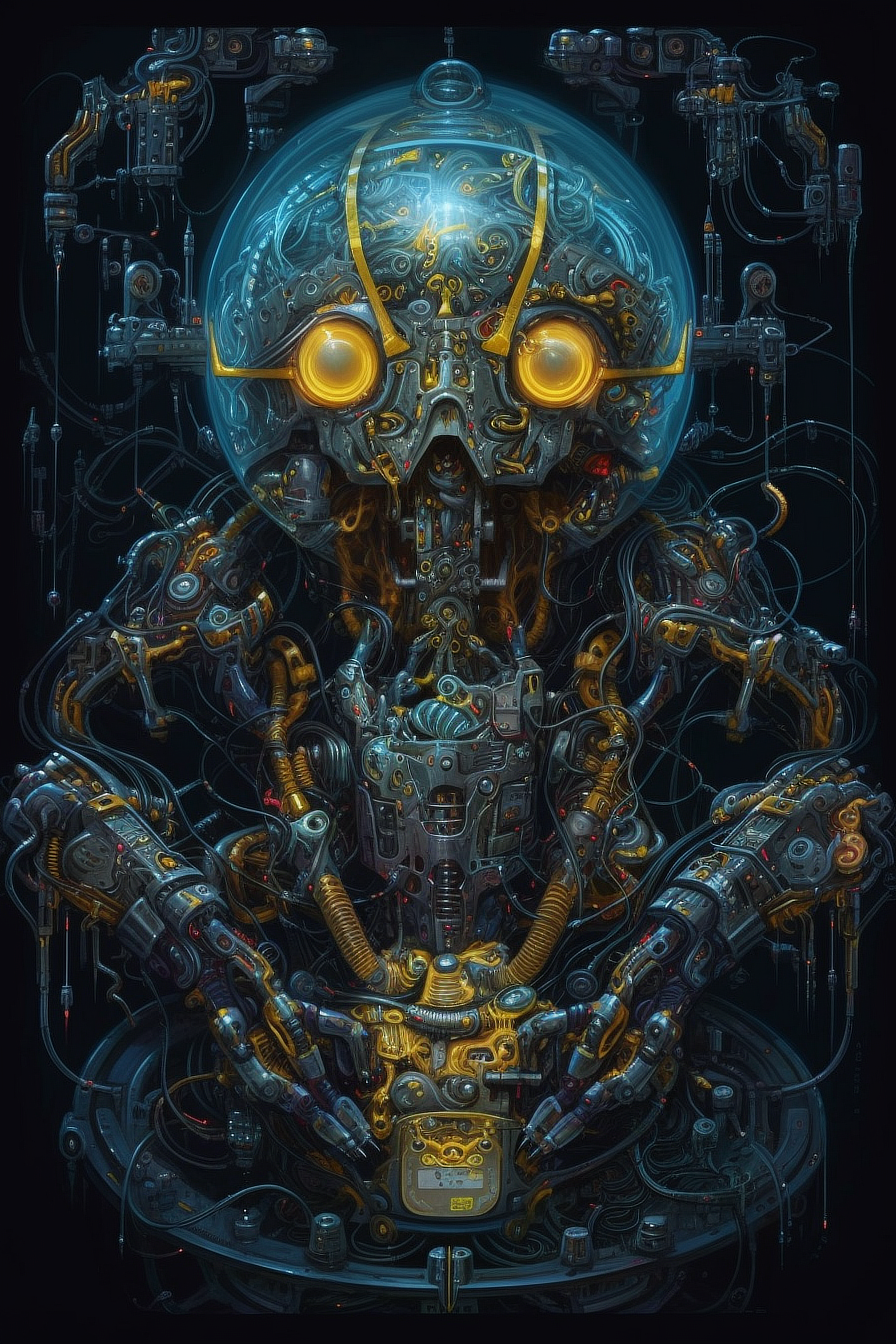 a robot with yellow eyes and a round object with wires