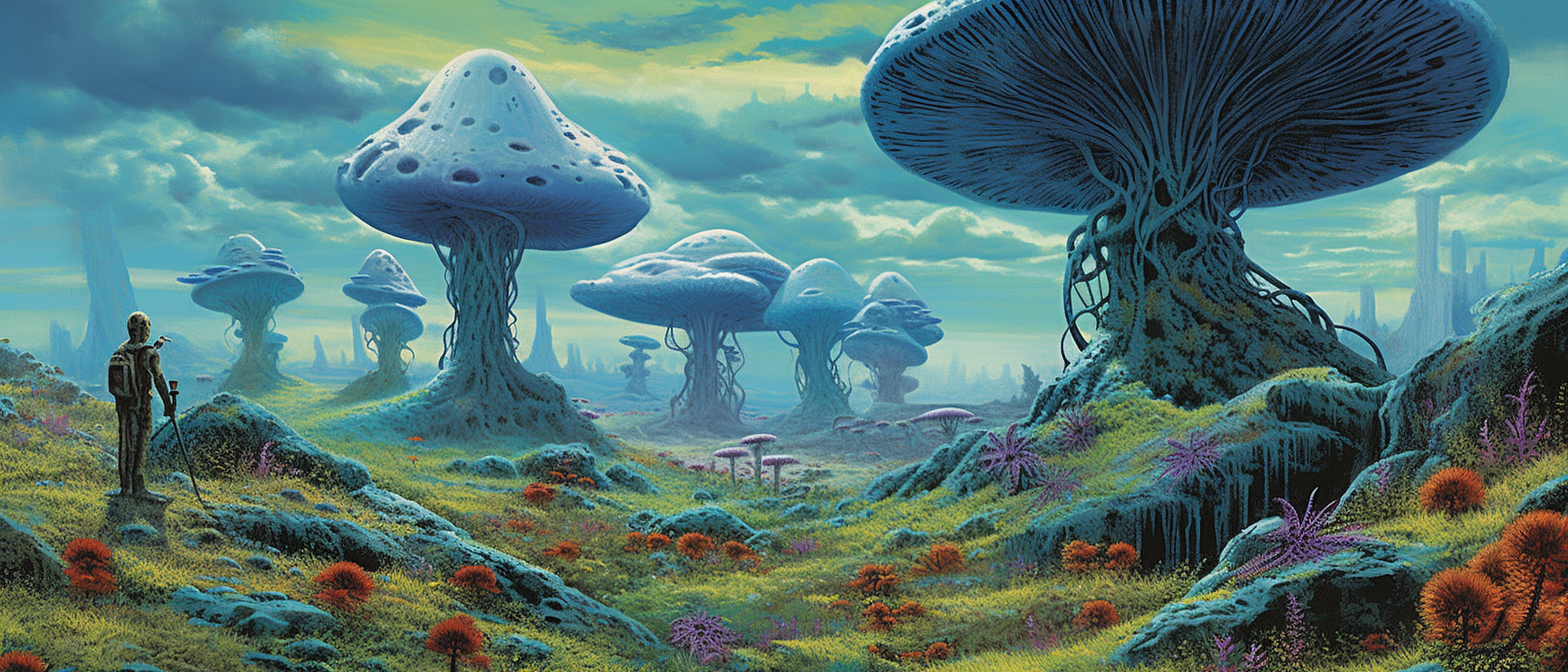 a landscape with mushrooms and plants