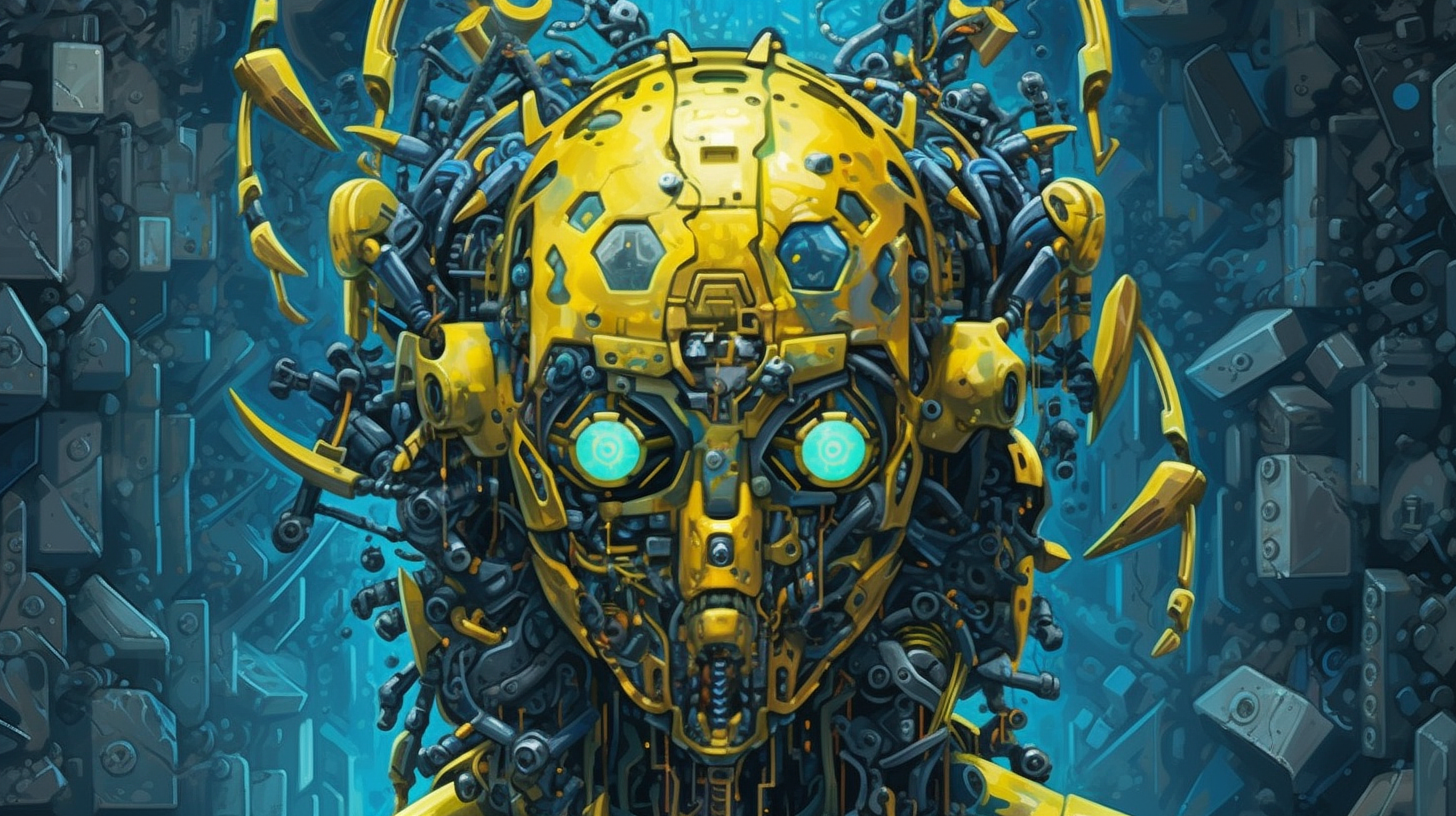a yellow robot head with green eyes