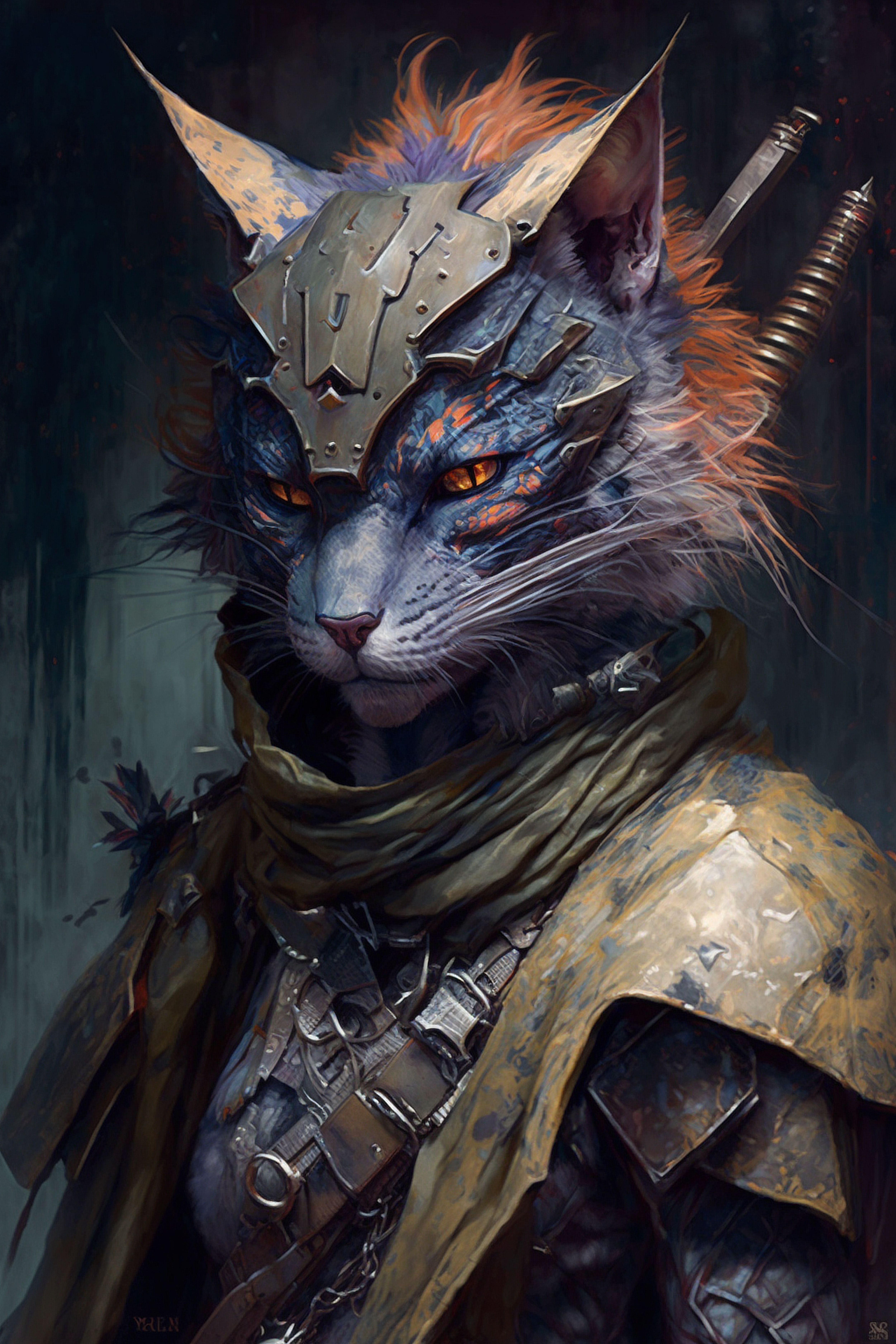 a cat in armor with orange eyes