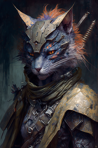 a cat in armor with orange eyes