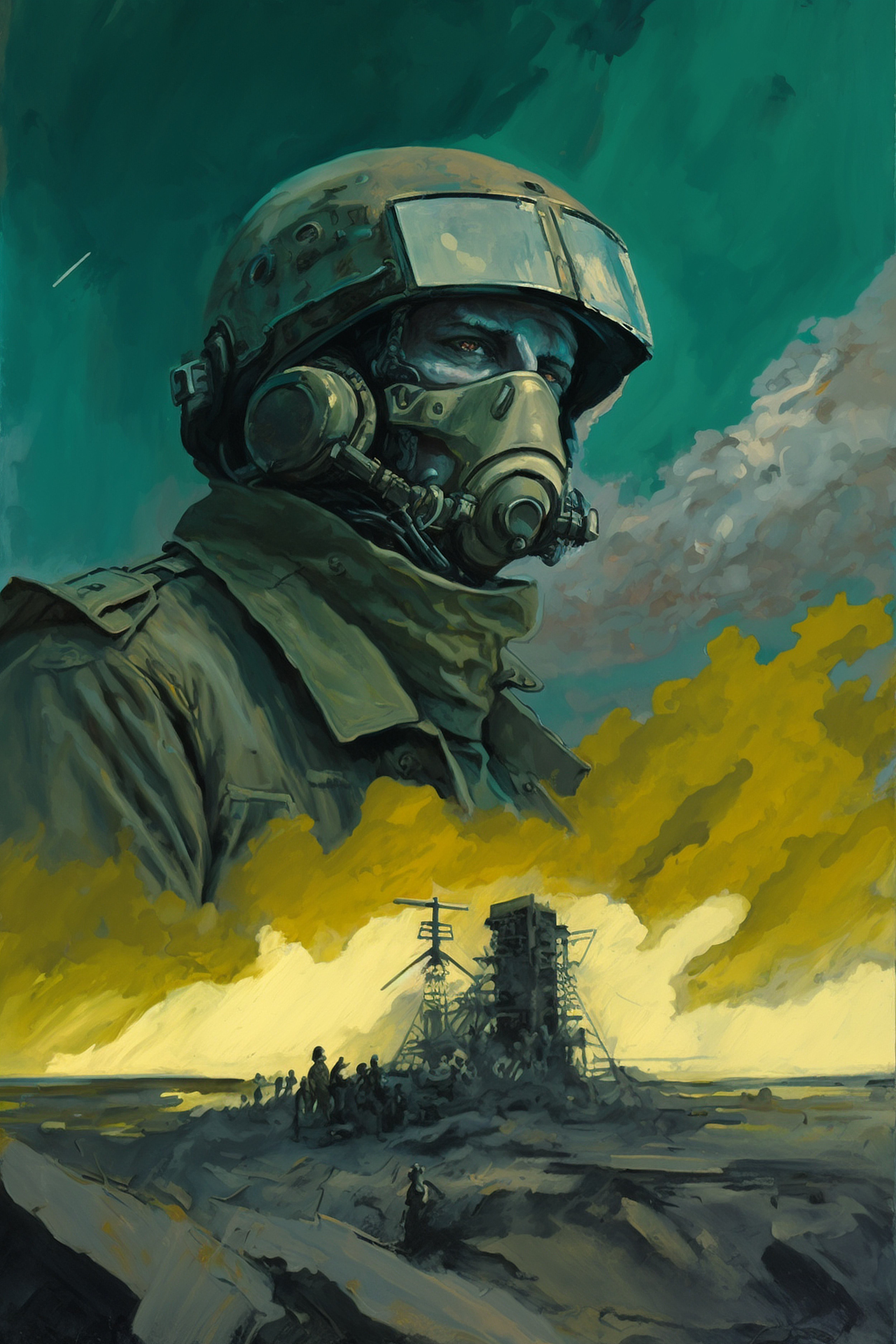 a man wearing a gas mask and a military ship