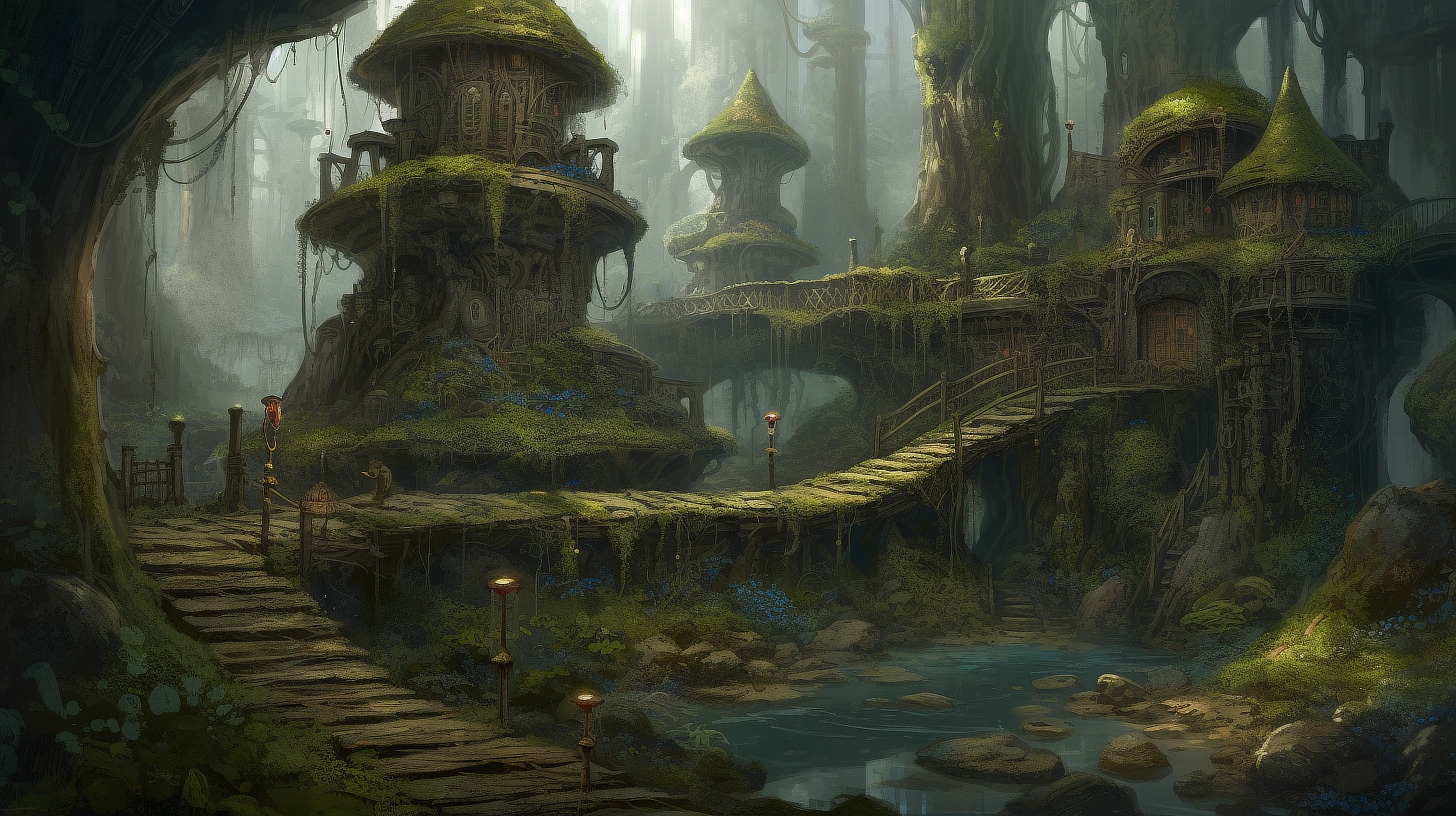 a bridge over a river in a forest