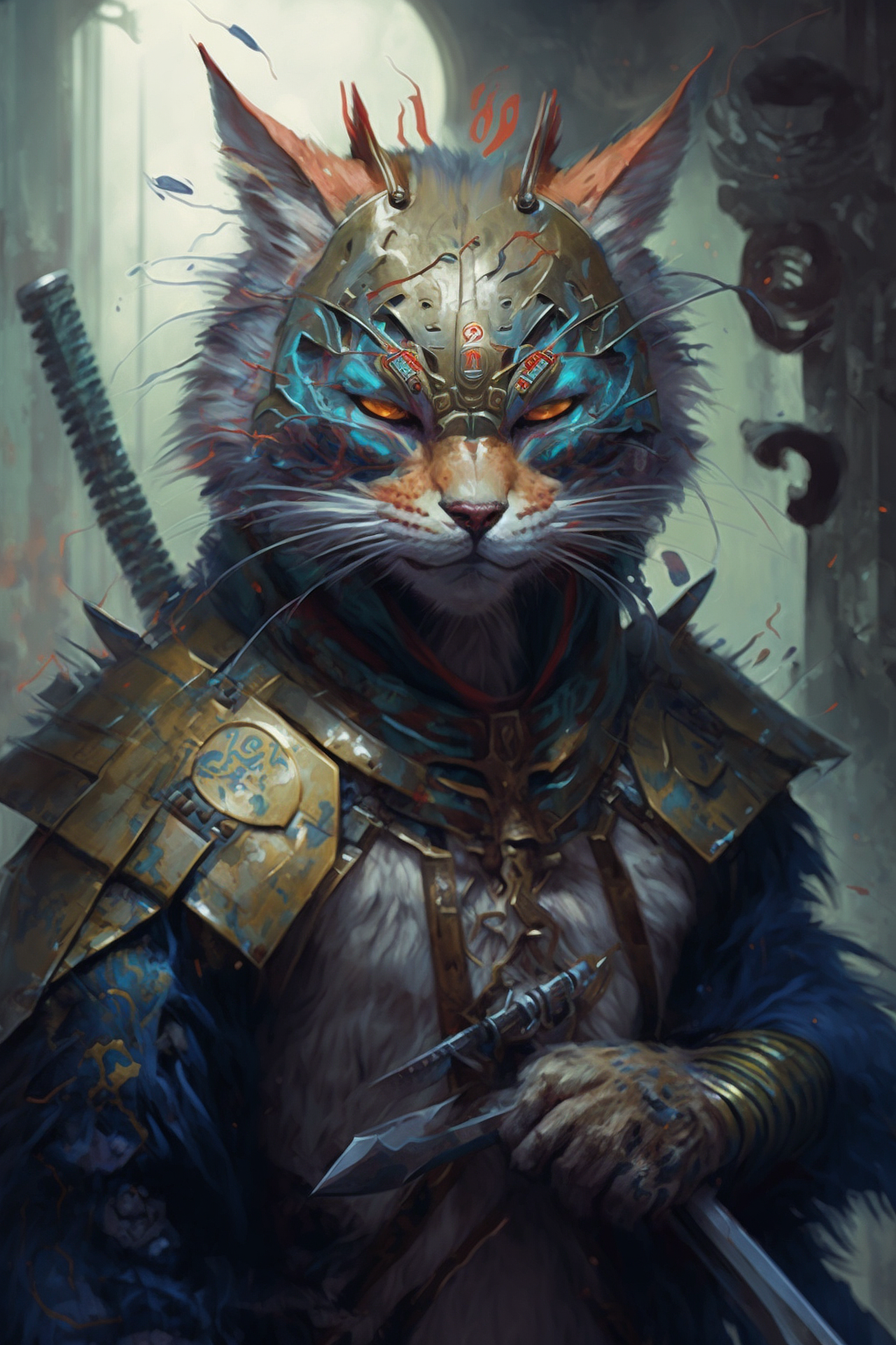 a cat in armor with sword