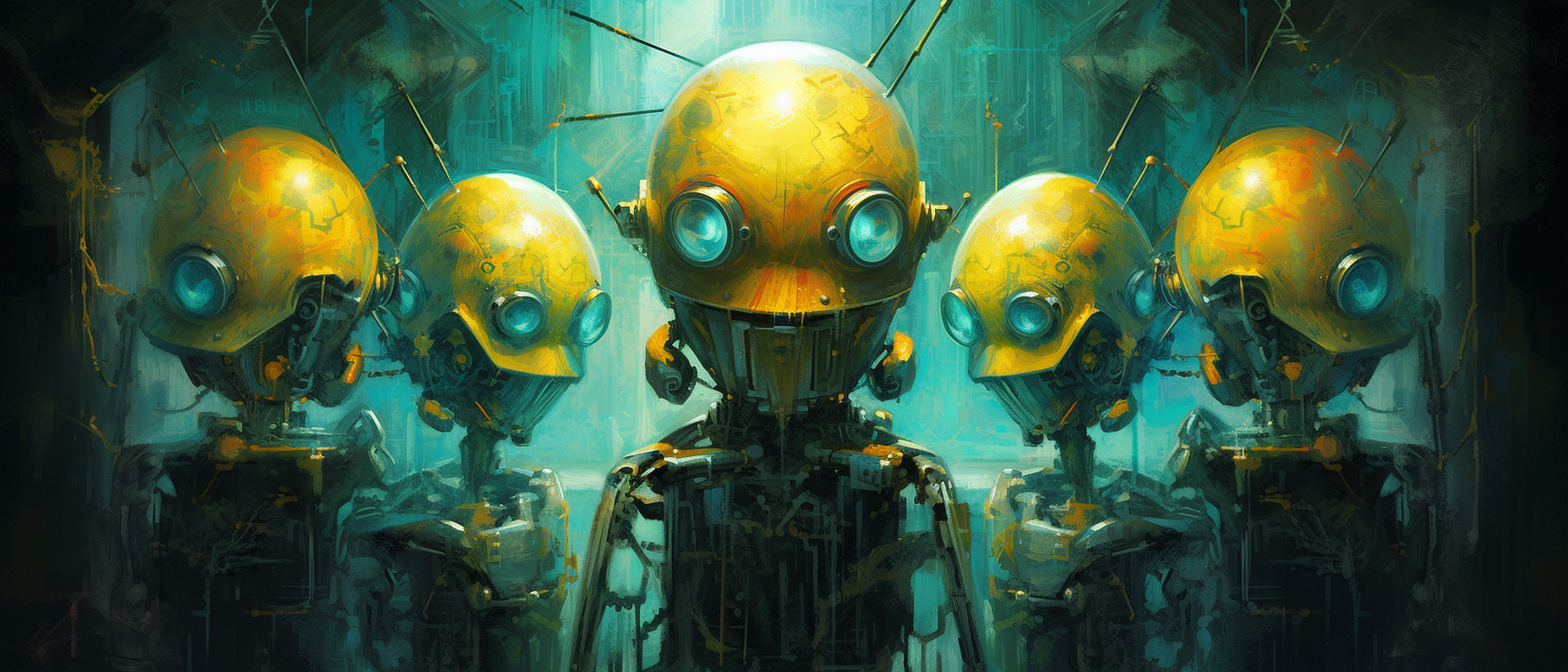 a group of robots with large round yellow heads