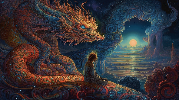 a woman sitting on a rock looking at a dragon