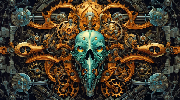 a metal skull with gears and gold eyes