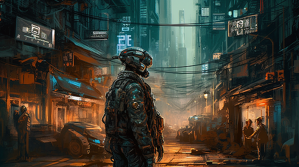 a man in a helmet standing in a city street