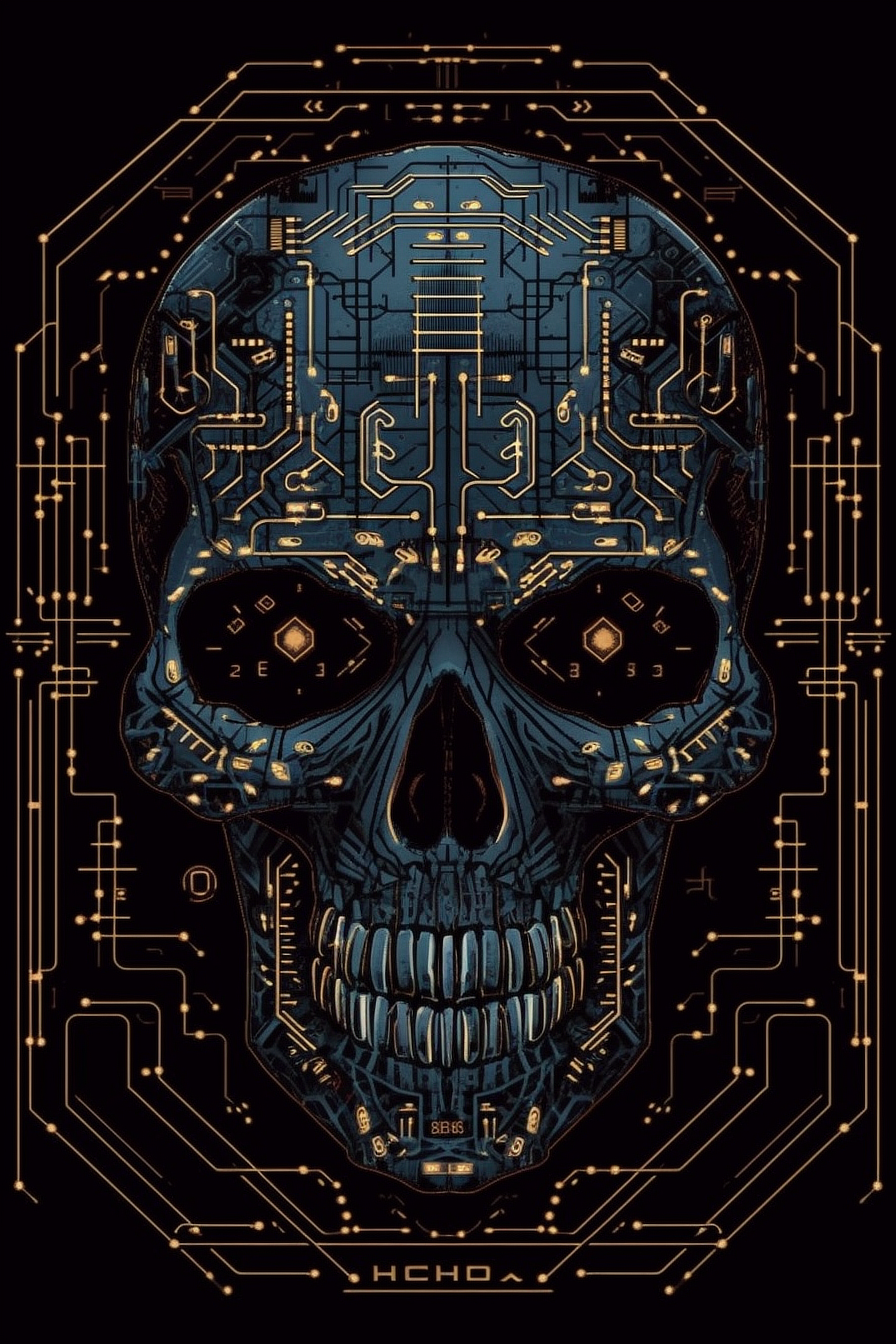 a skull with circuit board