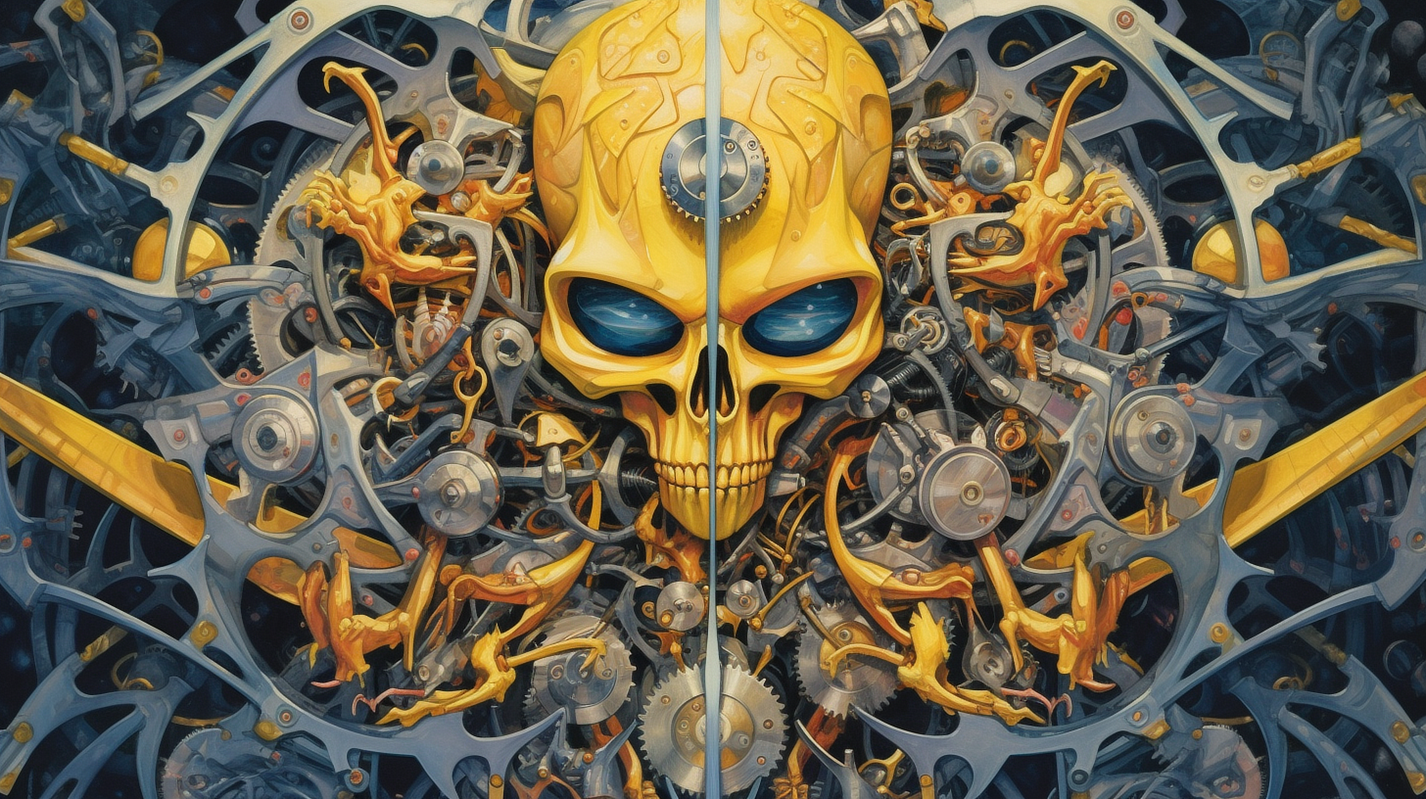 a skull with gears and blue eyes