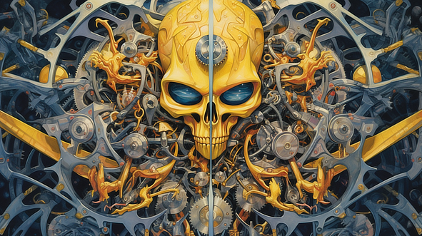 a skull with gears and blue eyes