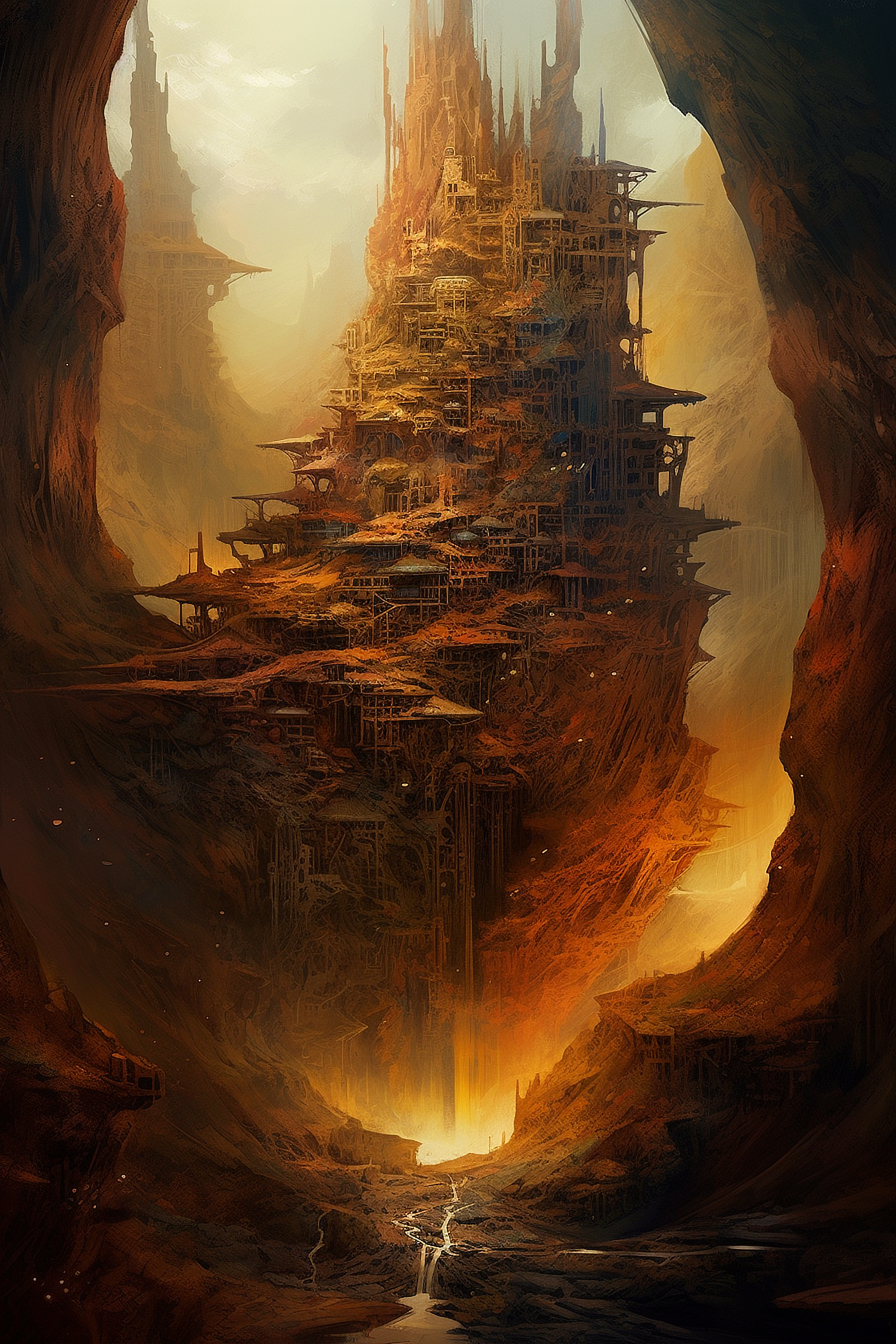 a painting of a city on a mountain