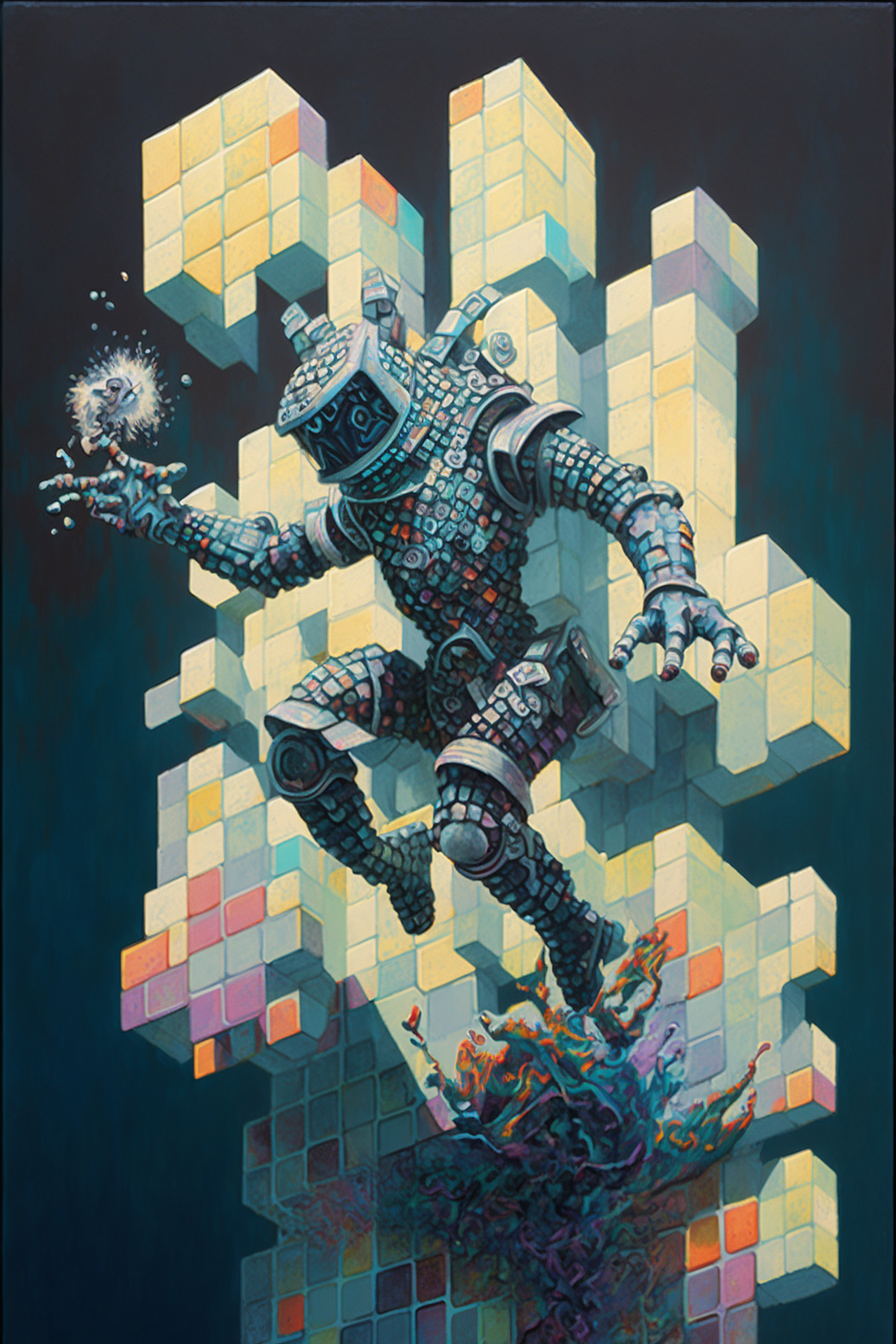 a painting of a robot jumping over a cube structure