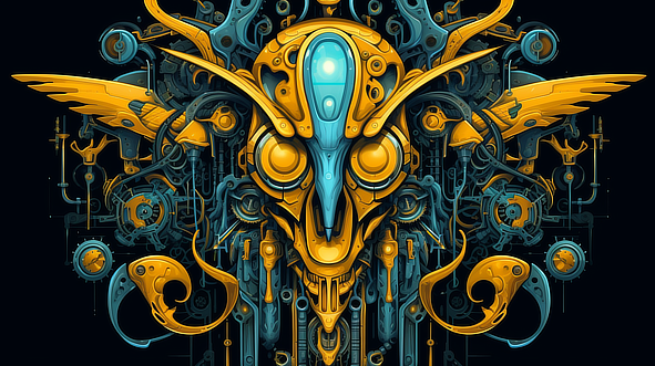 a yellow and blue robot head