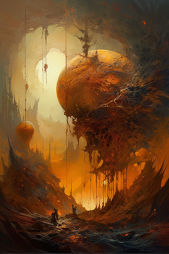 a painting of a strange landscape