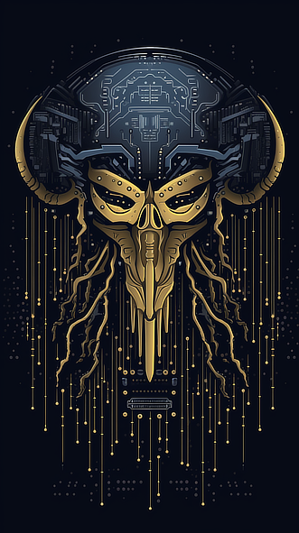 a gold and black mask with horns