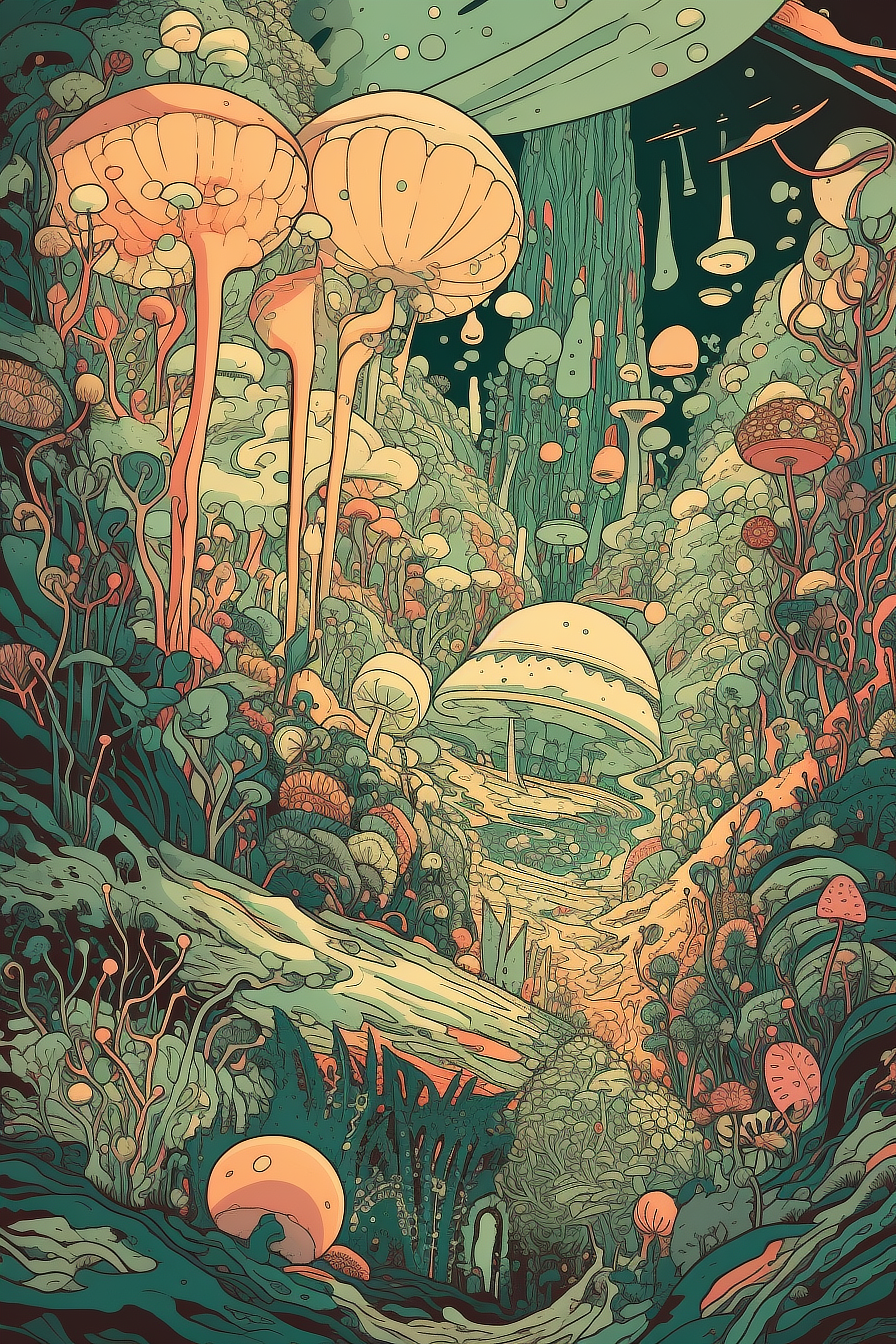 a colorful art of a forest
