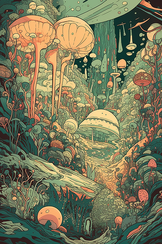 a colorful art of a forest