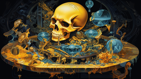 a skull in a pile of liquid