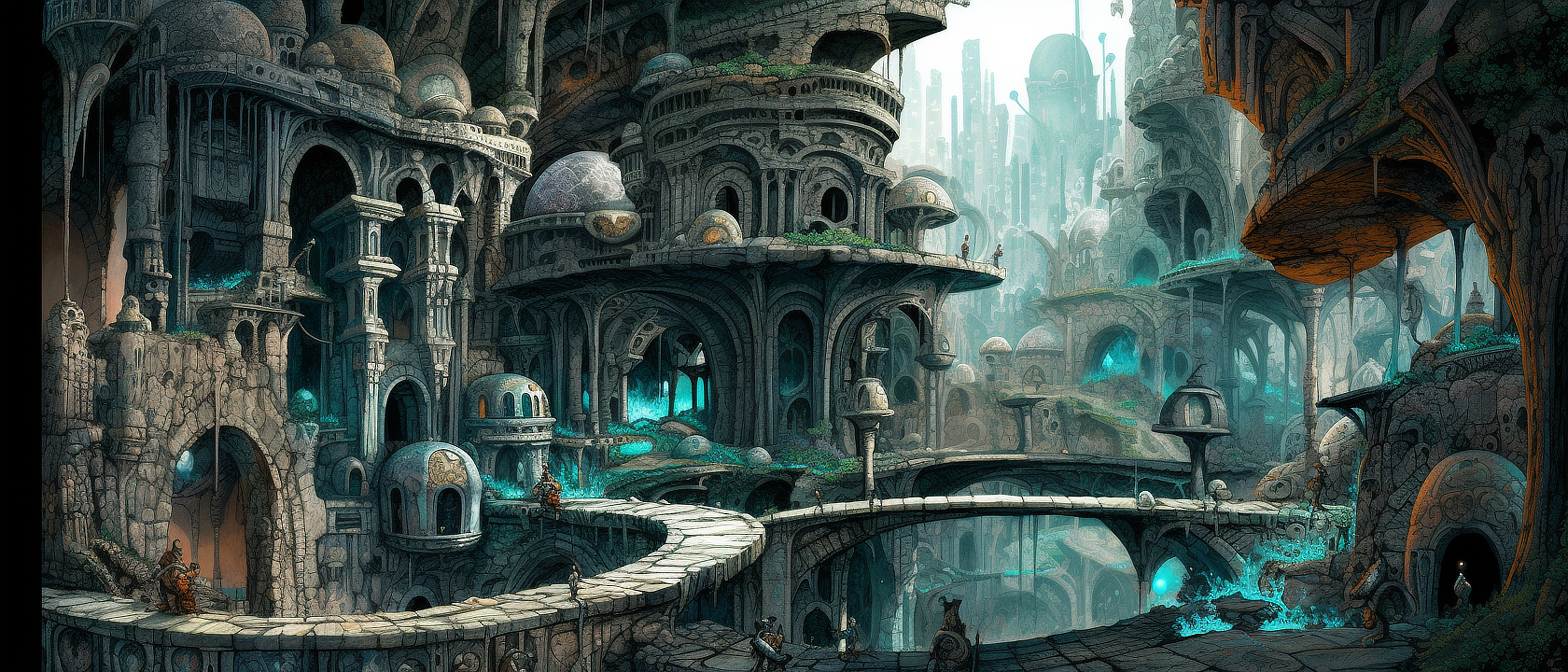 a fantasy city with many towers and a bridge