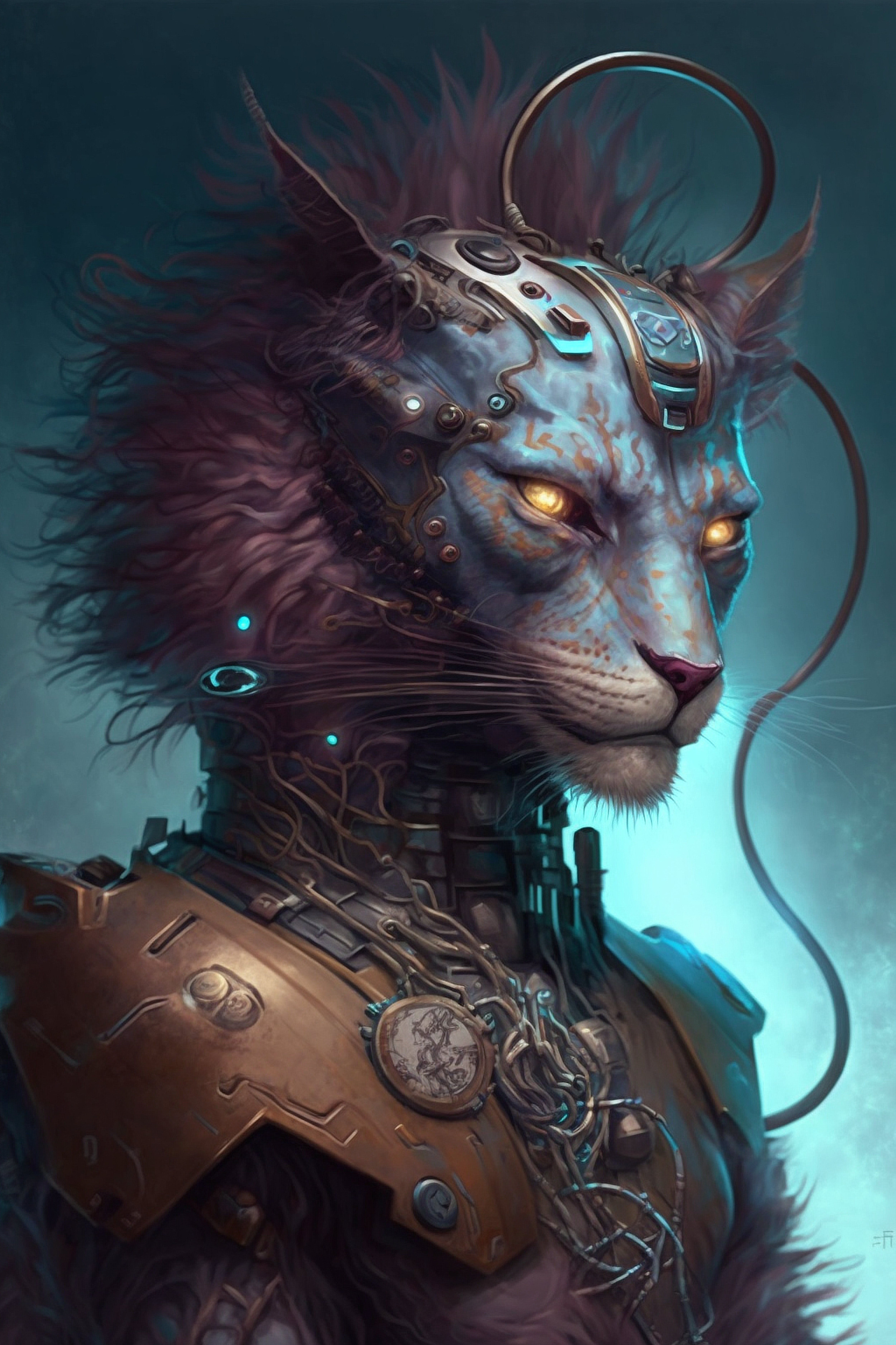 a cat with a metal body and a metal chain around it