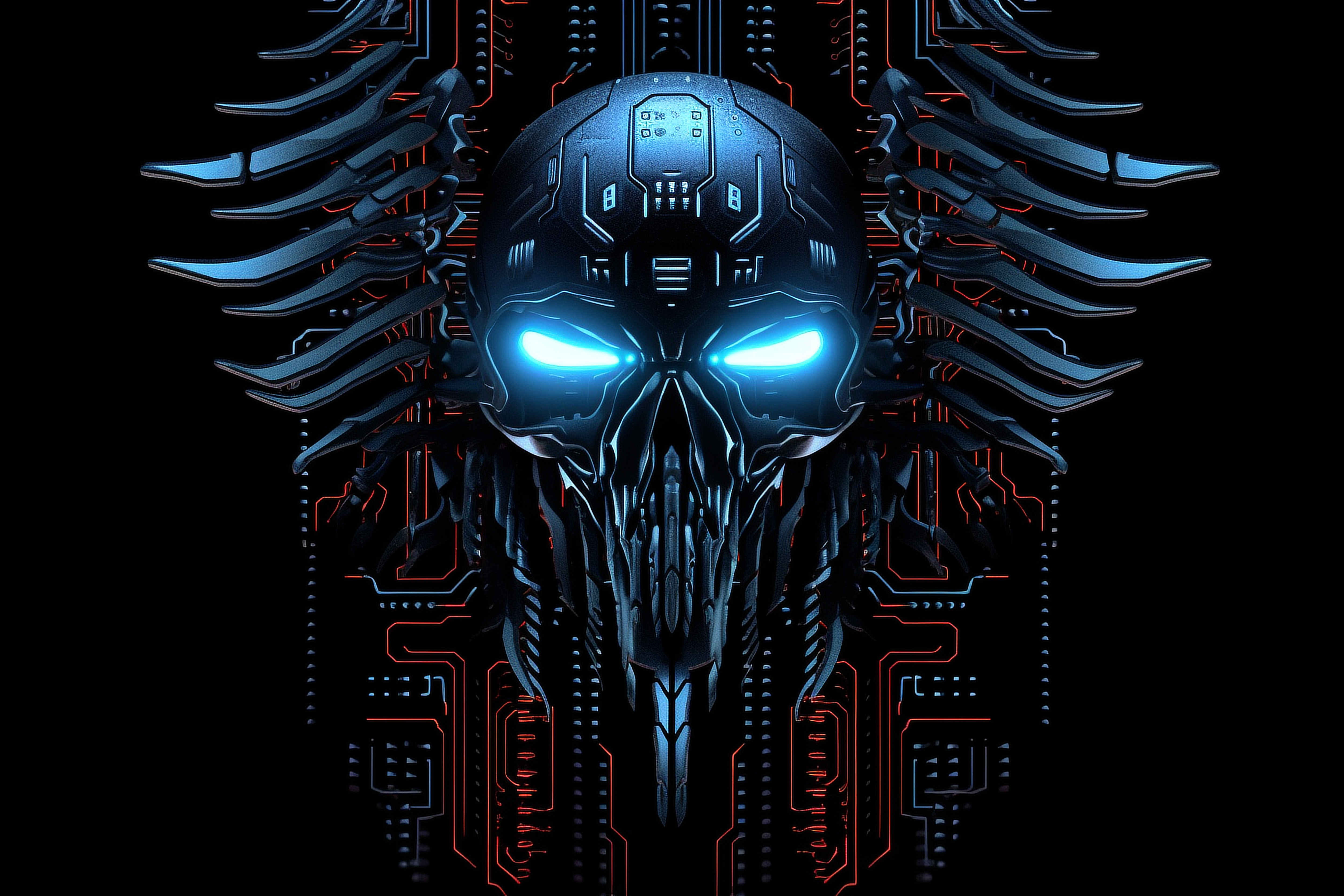 a skull with wings and blue eyes