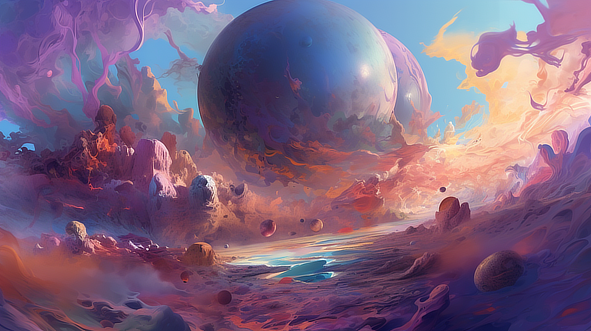 a colorful landscape with a planet and rocks
