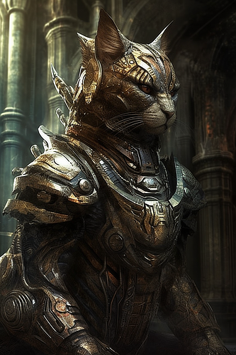 a cat in armor with a large cat head