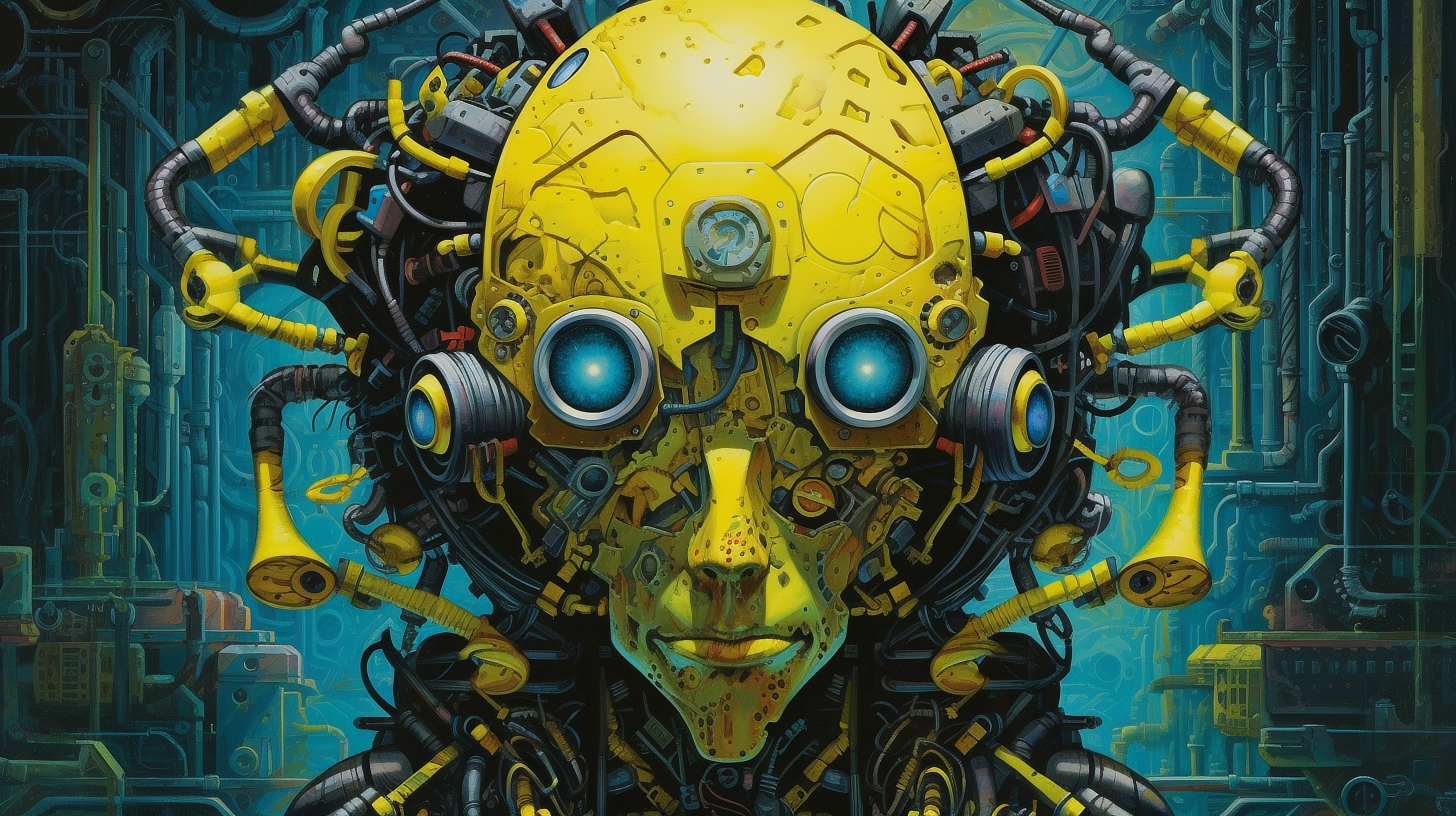 a yellow robot with many blue eyes and wires