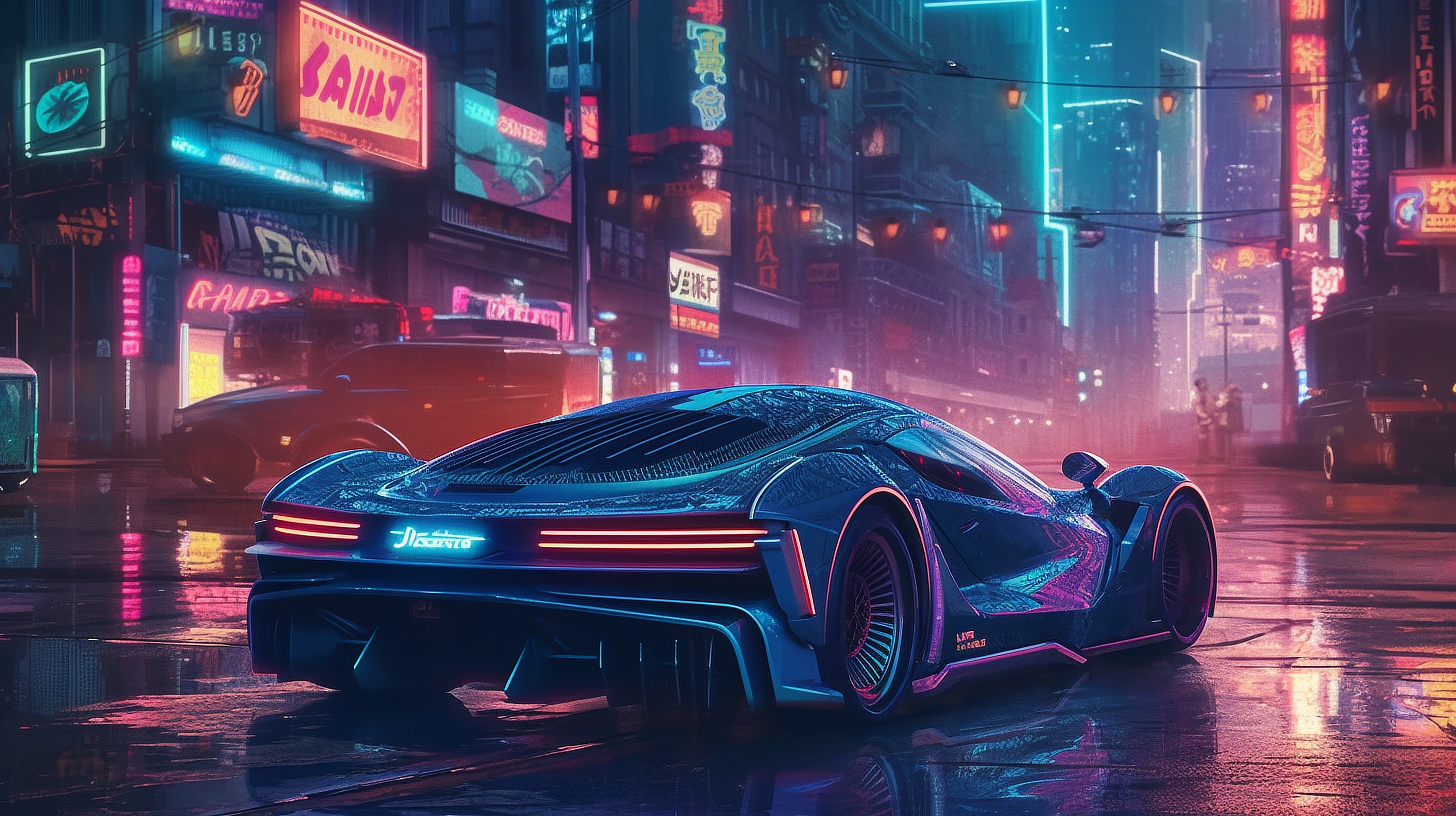 a sports car on a wet street in a city