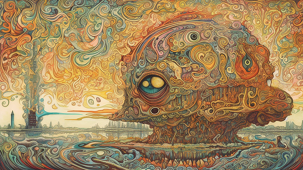 a colorful artwork with a large eye