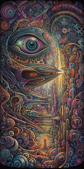 a colorful artwork with a large eye