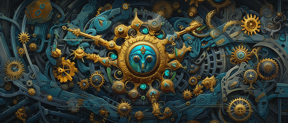 a gold and blue metal sculpture