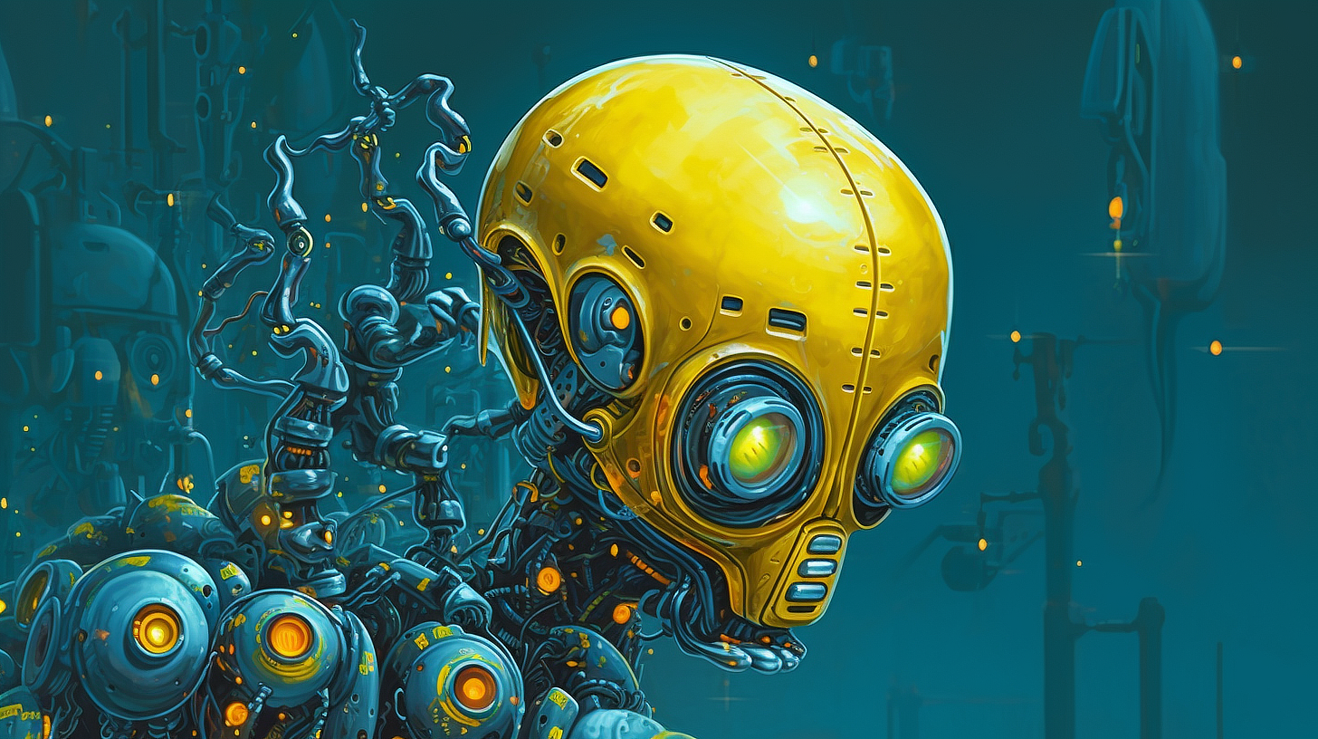 a yellow robot with large round eyes and a yellow helmet