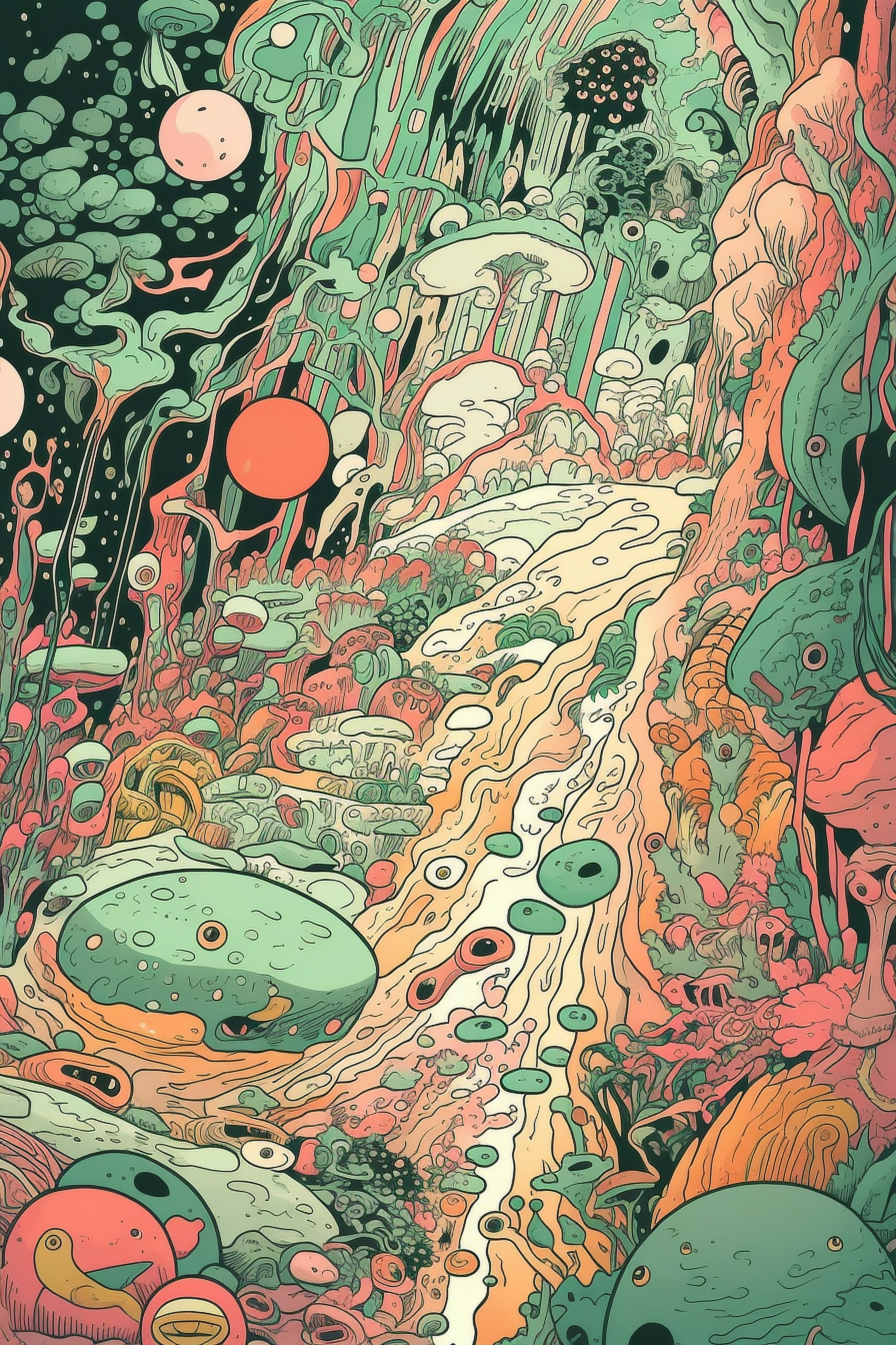 a colorful landscape with many round objects