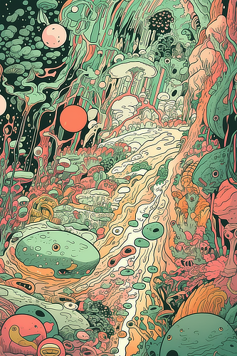 a colorful landscape with many round objects