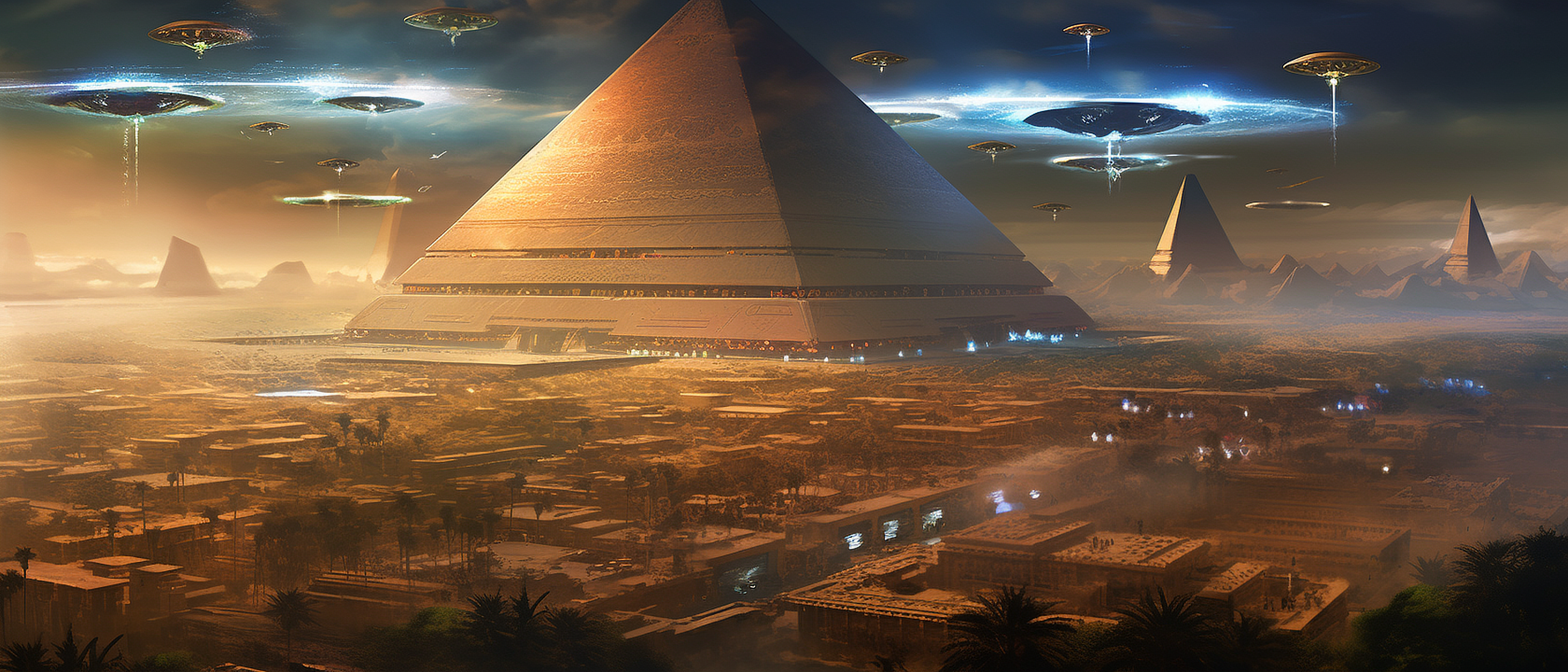 a pyramid with ufos flying over it