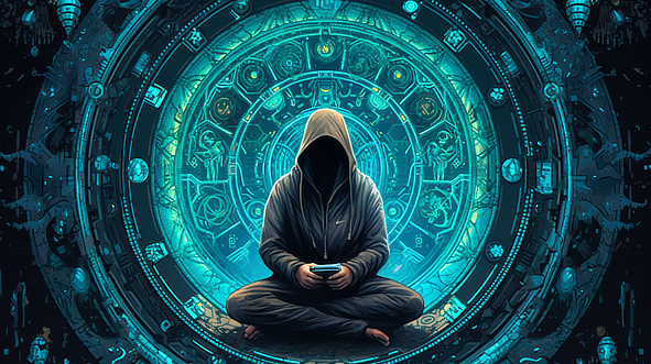 a person sitting in a circle with a hood