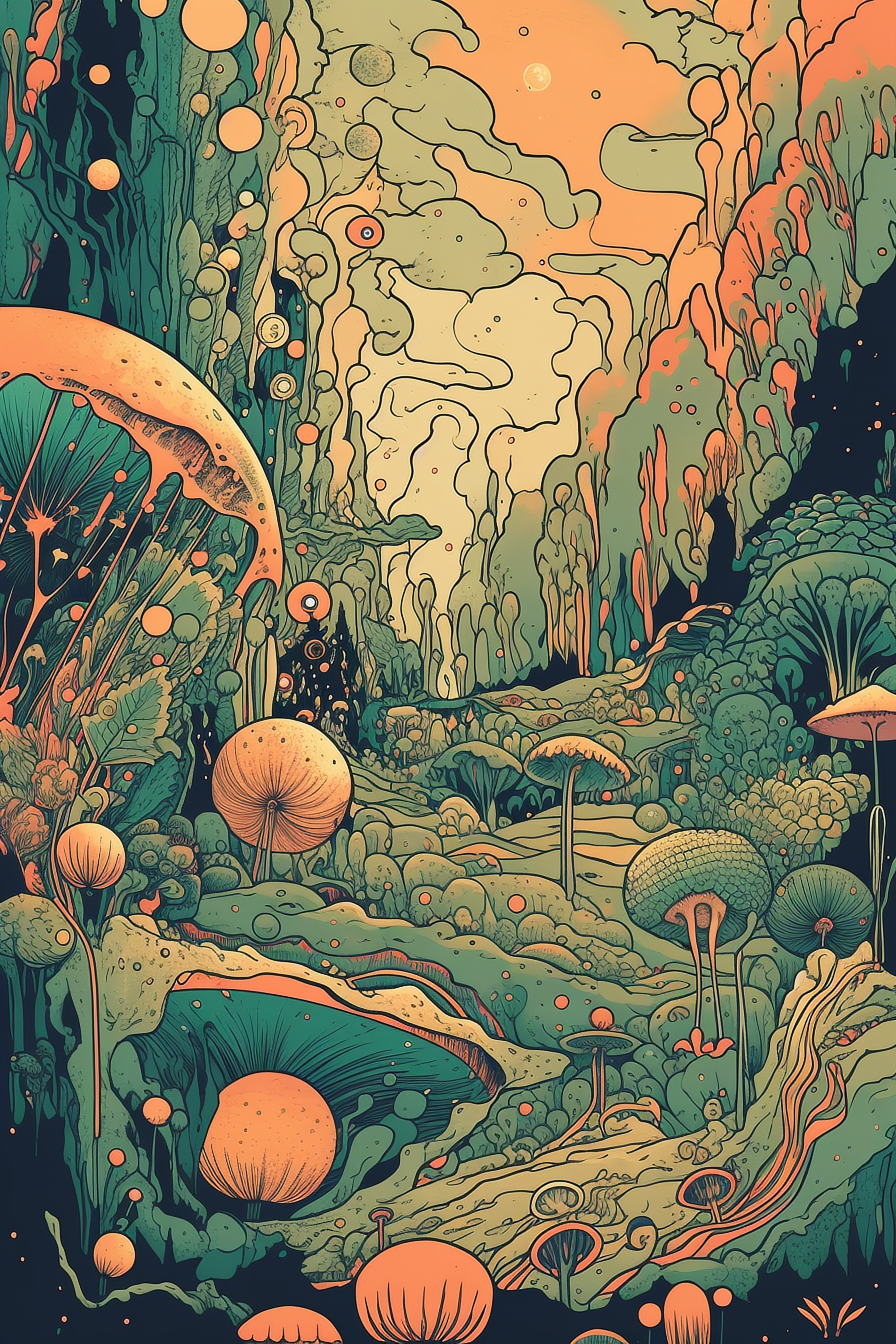 a colorful art of a forest