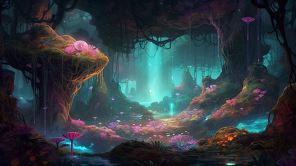a fantasy landscape with trees and plants