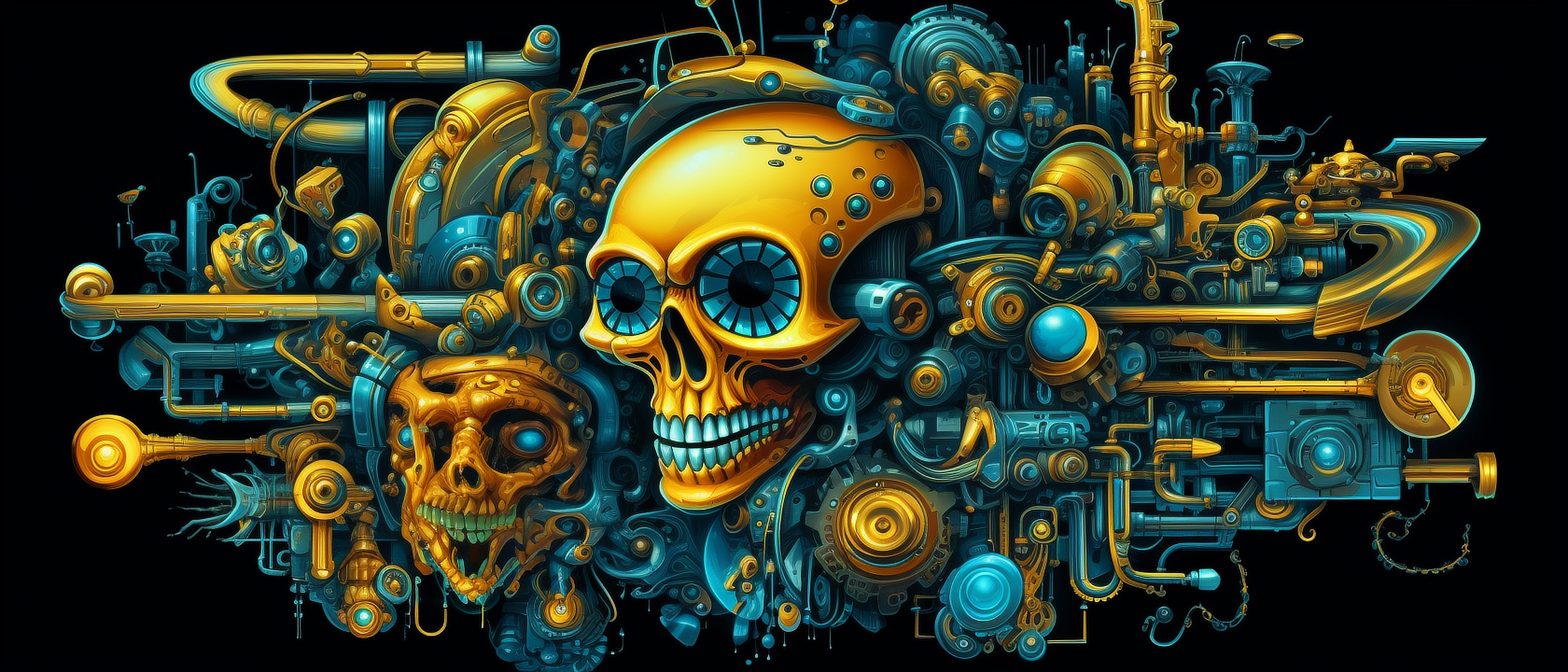 a skull with a yellow face and blue eyes